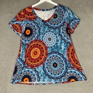 NEW Cathy Women's Large Shirt Floral V-Neck Short Sleeves Stretch Casual Comfort